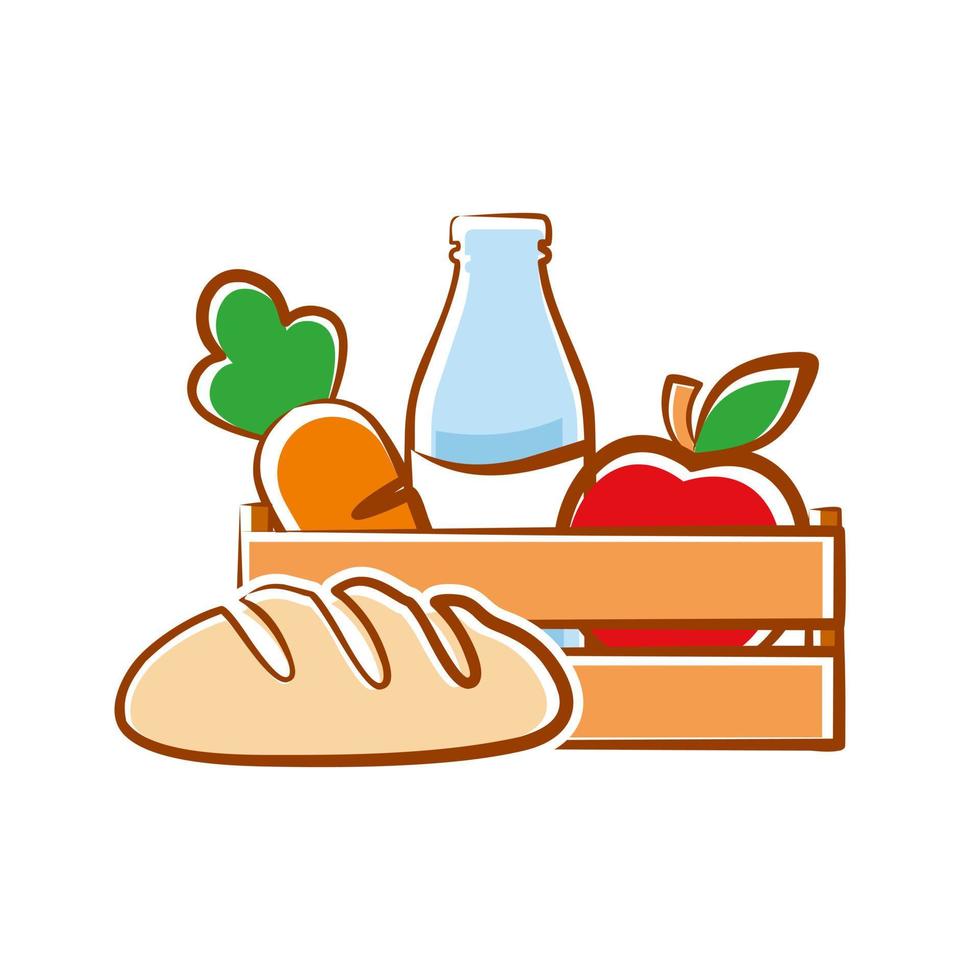 Vector shopping cart. A set of food items inside a wooden shopping basket. Vector illustration. logo.