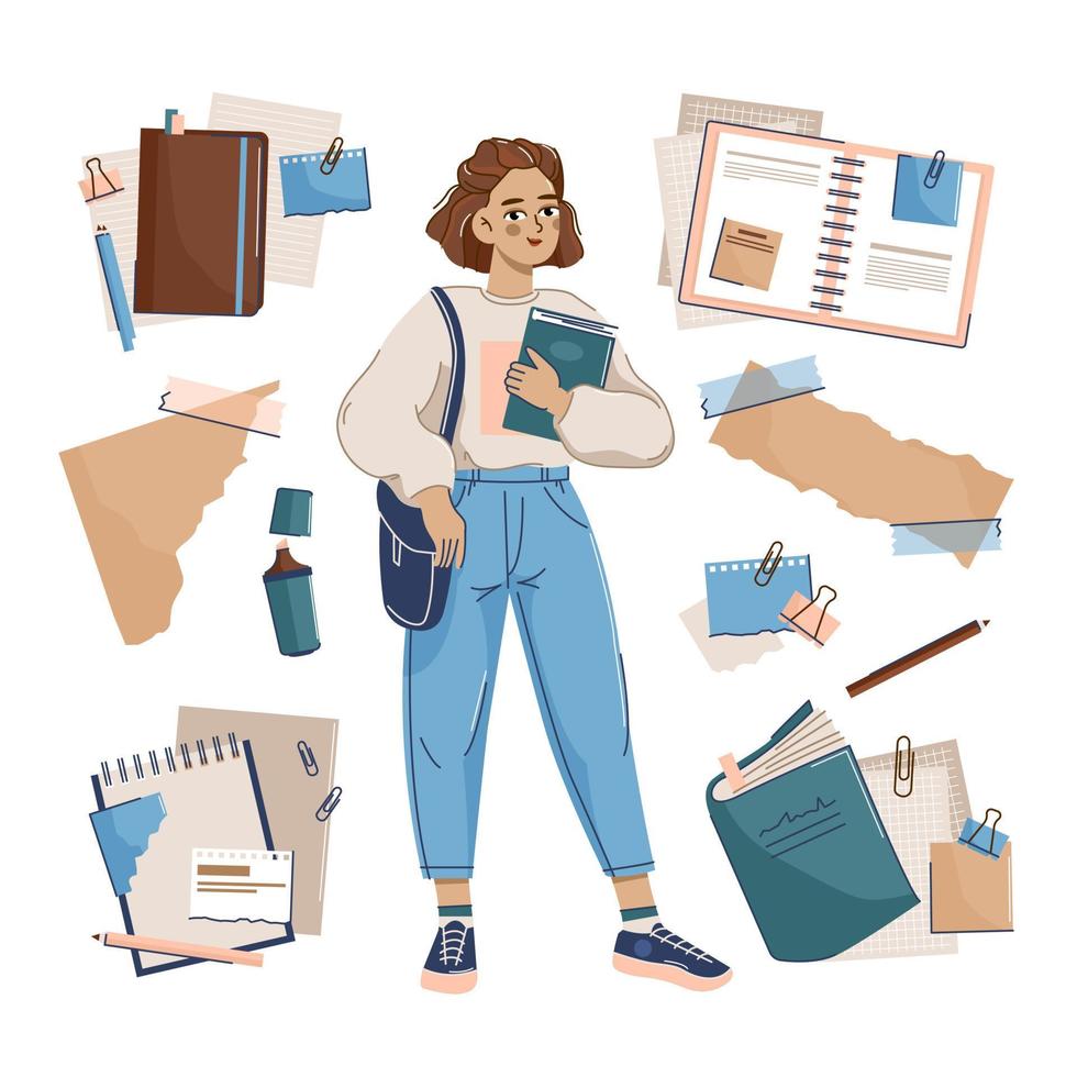 hojas de papel para notas unidas con cinta adhesiva. la niña es una estudiante con un cuaderno en las manos. cuadernos y material de oficina. ilustración vectorial de la oficina vector