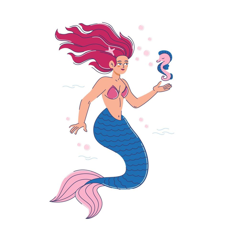 bella sirena con un pequeño caballito de mar, ilustración vectorial, pelo rosa, papel pintado, afiches, impresiones de tarjetas de felicitación. vector