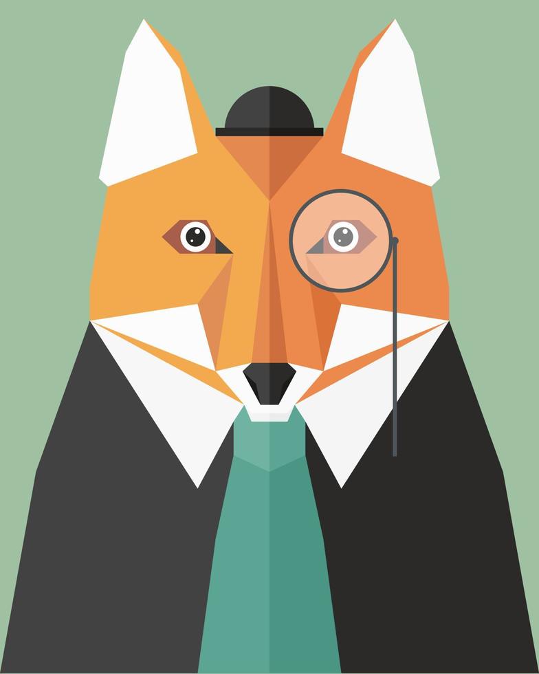 Geometric forest. Cute postcard with a geometric shape. Vector illustration of a gentleman fox in a hat and with a monocle.