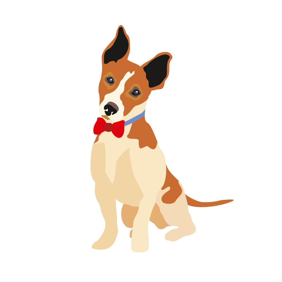 Vector cartoon illustration of a Jack Russell terrier dog. Cute friendly jack russell terrier puppy sits with a bow highlighted on a white background. Pets, dog-themed design elements in a flat style