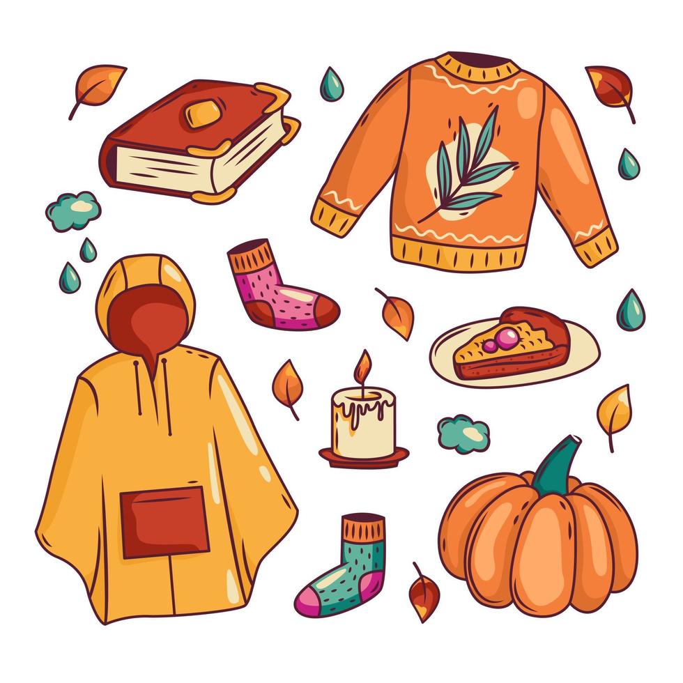 Vector set of autumn icons sweater, falling leaves, cozy food, candles, book, raincoat and pumpkin. Collection of clippings with elements of the autumn season. Bright background for harvesting.