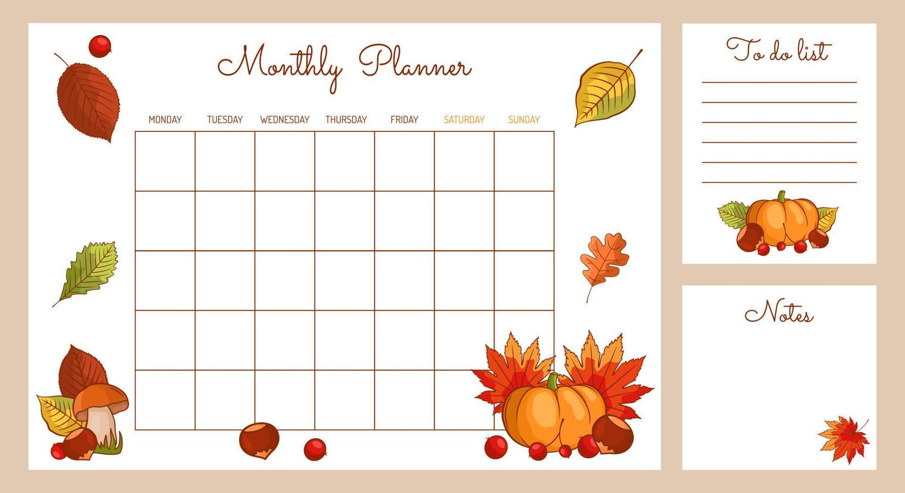 Weekly planner of autumn flower design. A cute fashion planner or organizer. Floating vector cartoon style