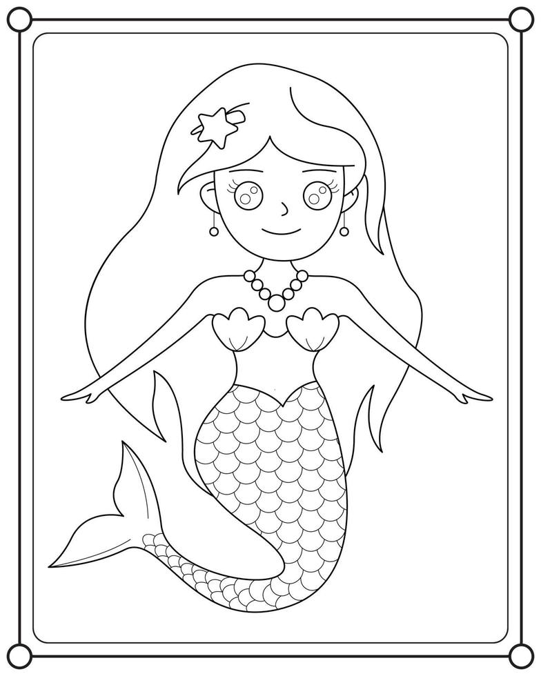 hermosa sirena adecuada para la ilustración de vector de página para colorear de los niños