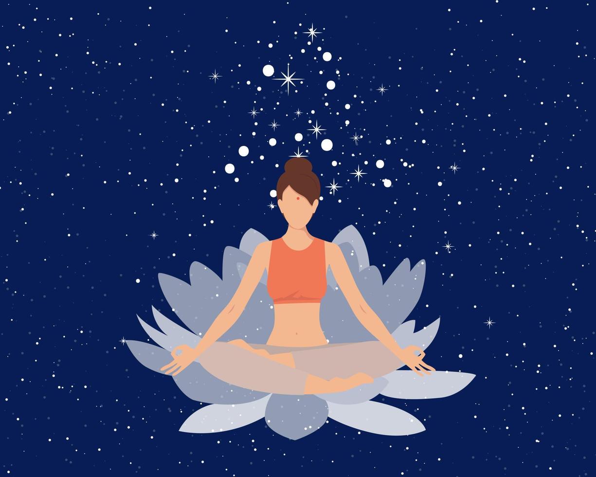 The concept of meditation and the unity of the world. Beautiful woman yoga in lotus pose on lotus flower on the background of the universe. Vector illustration.