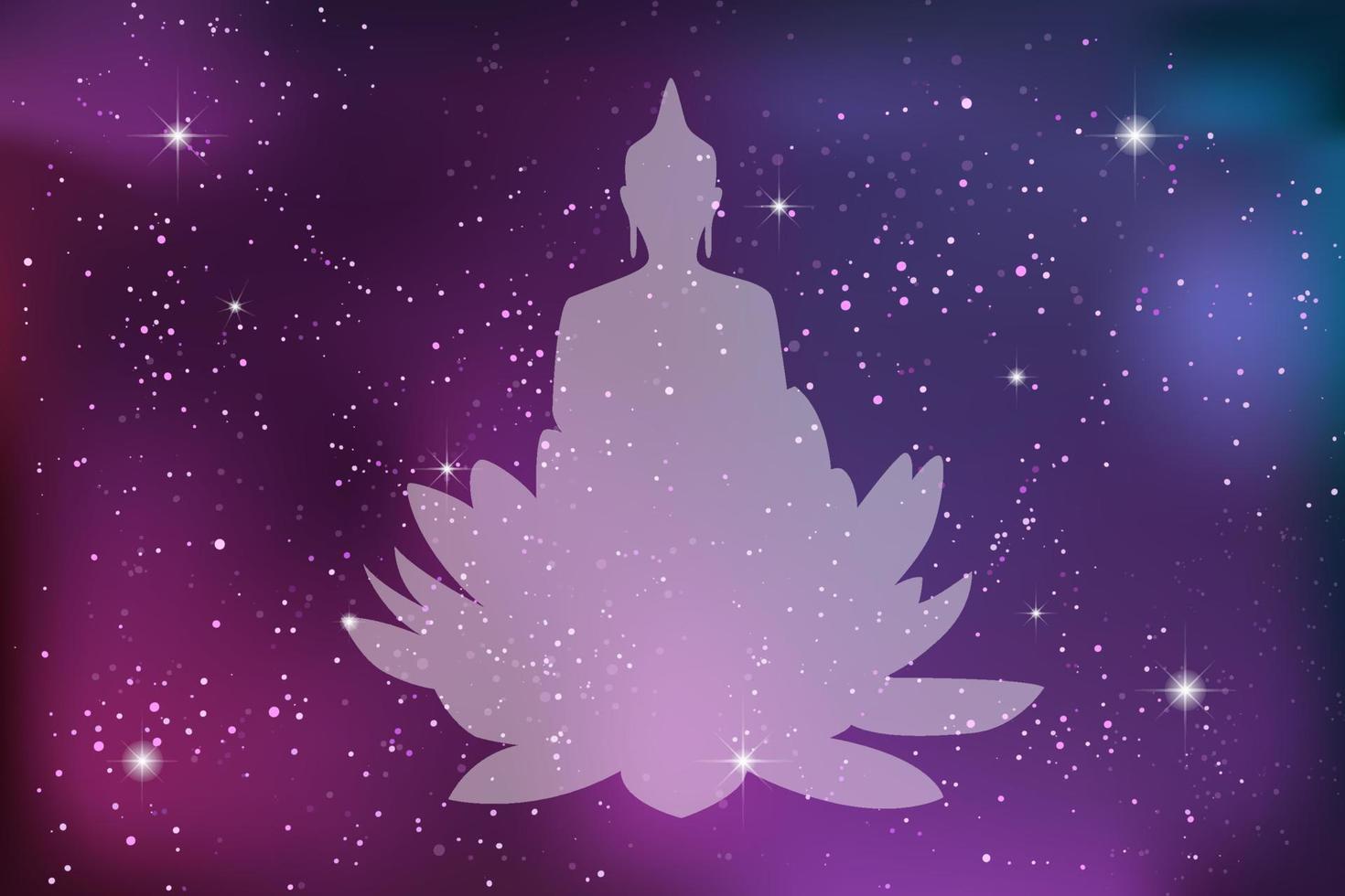 Happy Vesak Day Buddha silhouette on a lotus flower against a background of starry cosmos. Vector illustration. Poster, banner and print design.