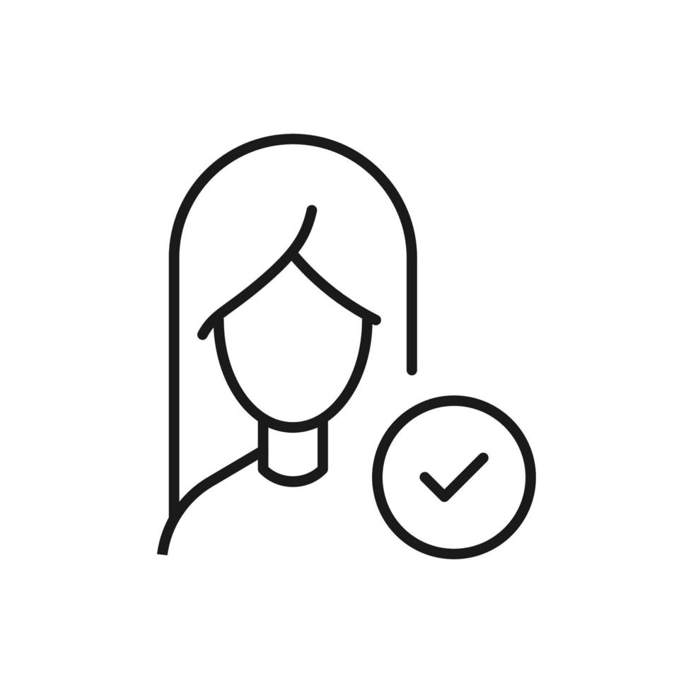 Profession, occupation, hobby of woman. Outline sign drawn with black thin line. Editable stroke. Vector monochrome line icon of checkmark by female