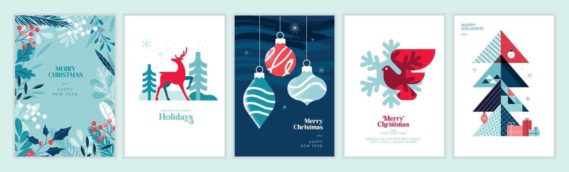 2023 Merry Christmas and Happy New Year greeting cards templates. Vector illustrations for posters, banners, backgrounds or greeting cards.