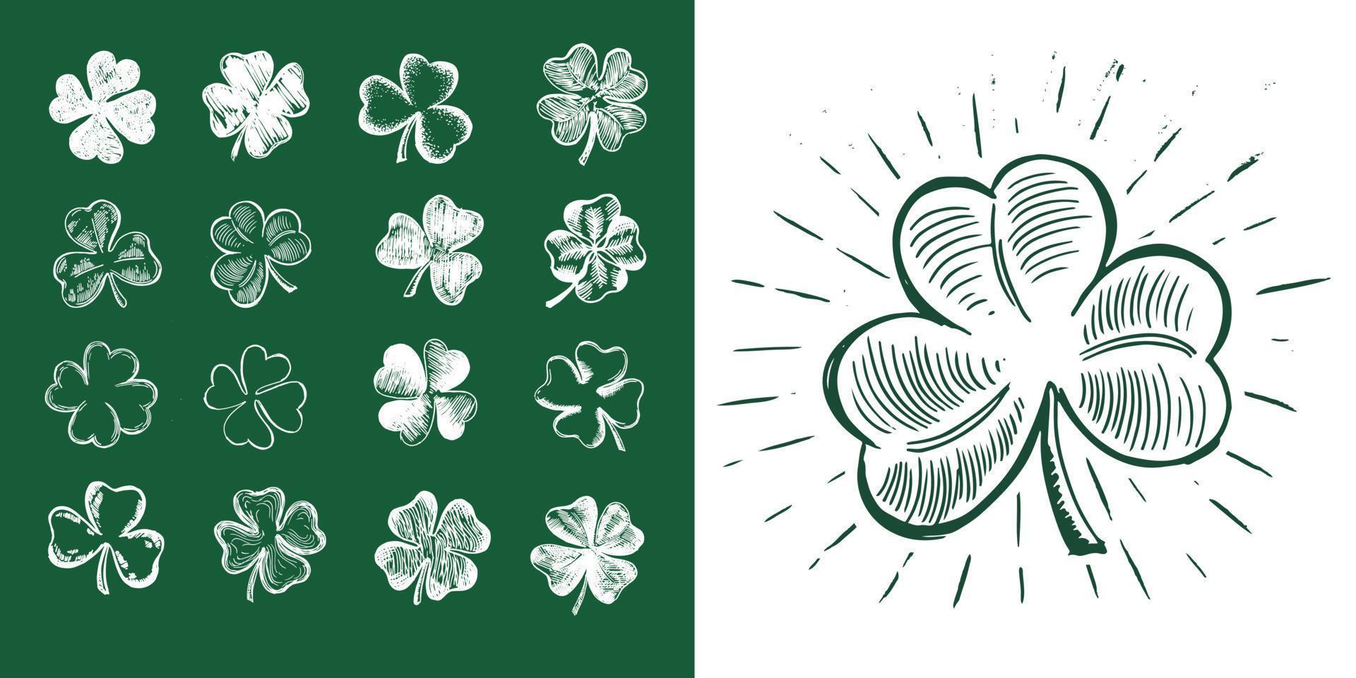 St. Patrick's Day. Sketch set clover. Hand drawn illustration. vector