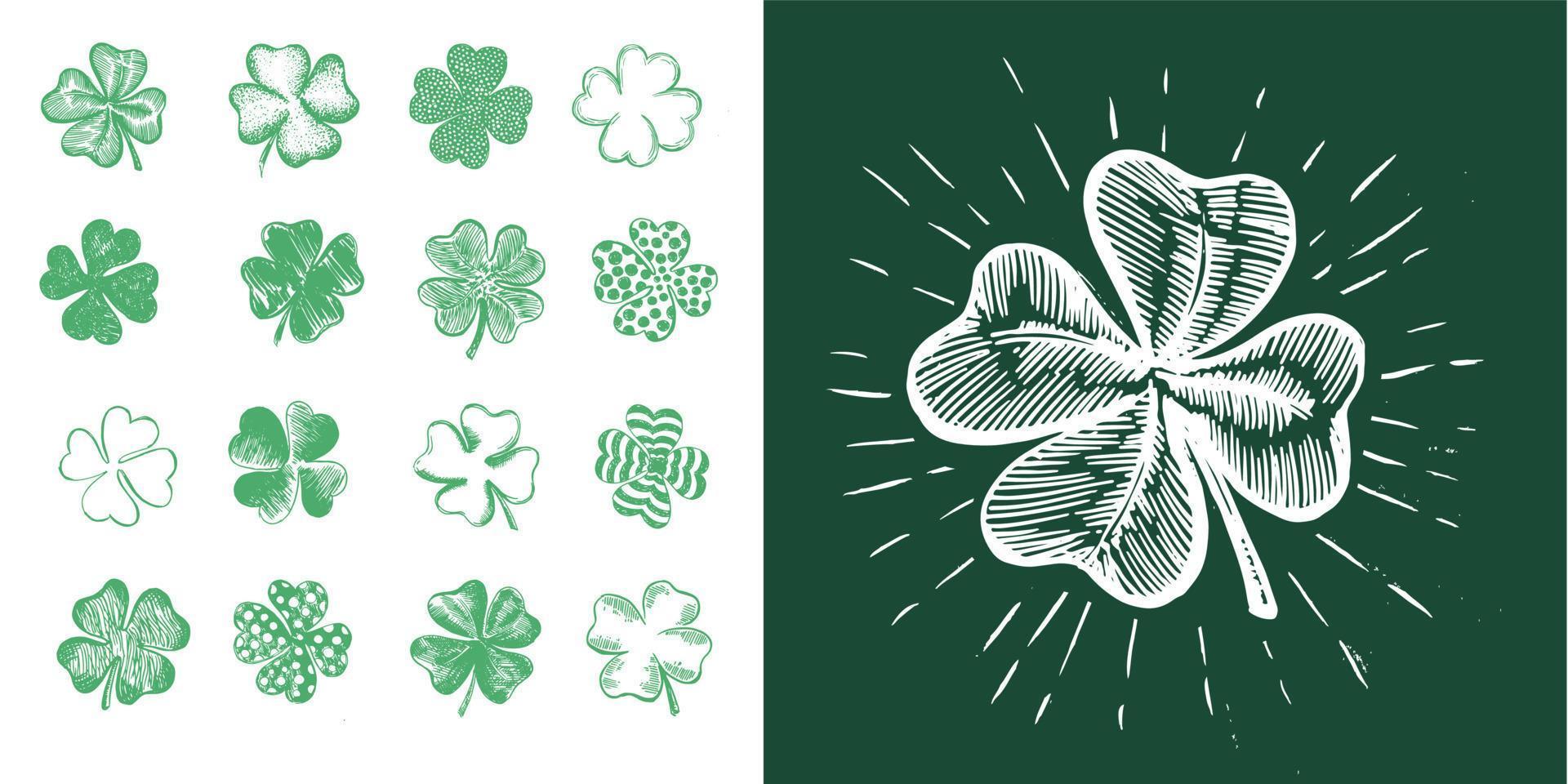 St. Patrick's Day. Sketch set clover. Hand drawn illustration. vector