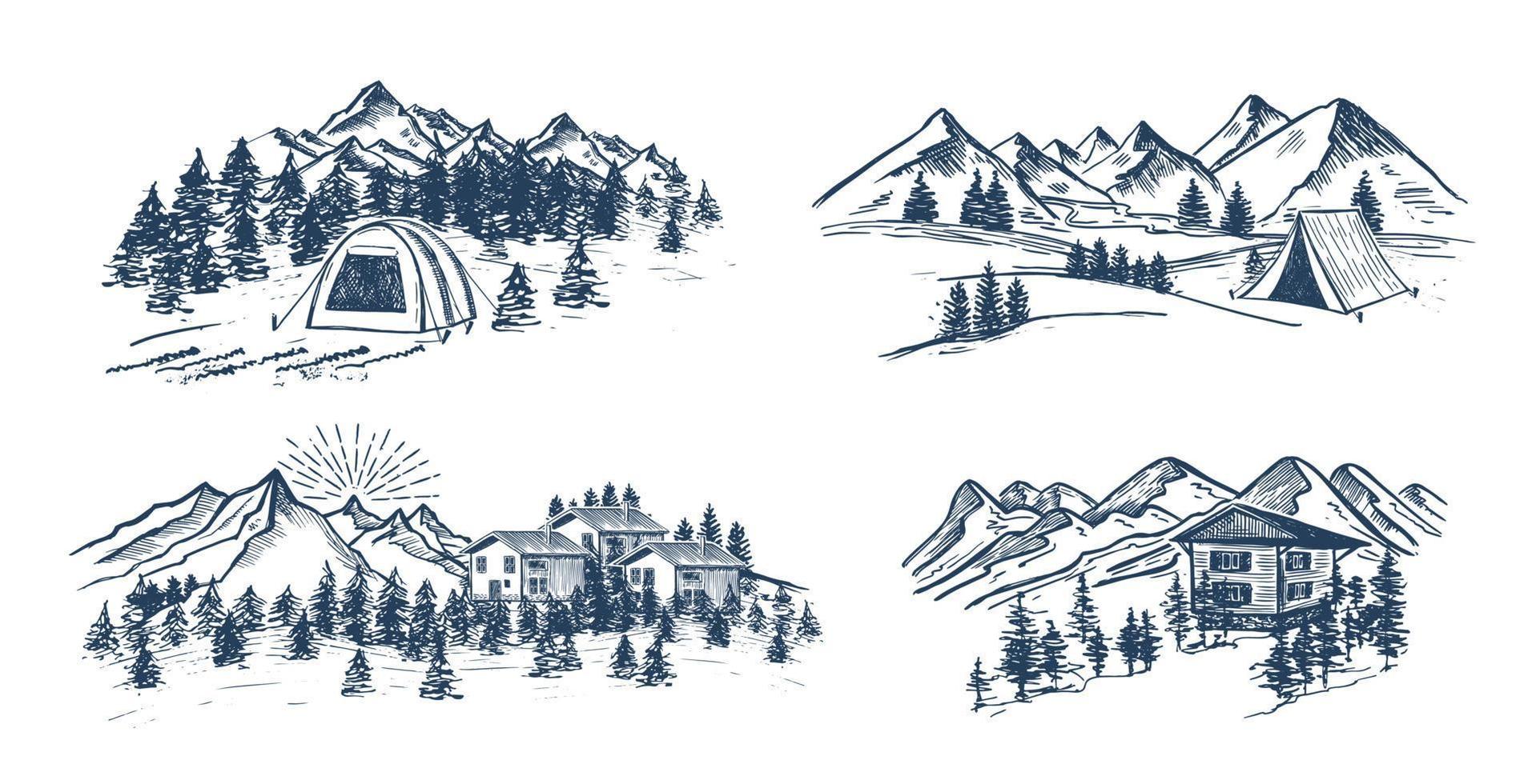 Sketch Camping in nature set, Mountain landscape, vector illustrations.