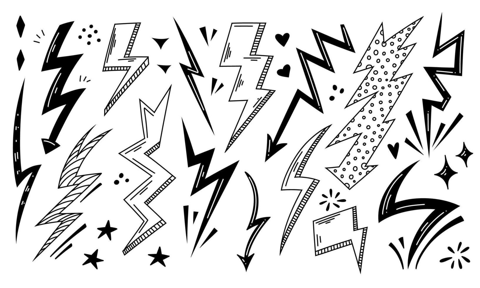 Handdrawn lightning set doodle icon. Hand drawn black sketch. Flash sign cartoon symbol. Decoration element. Vector Isolated illustration on white background