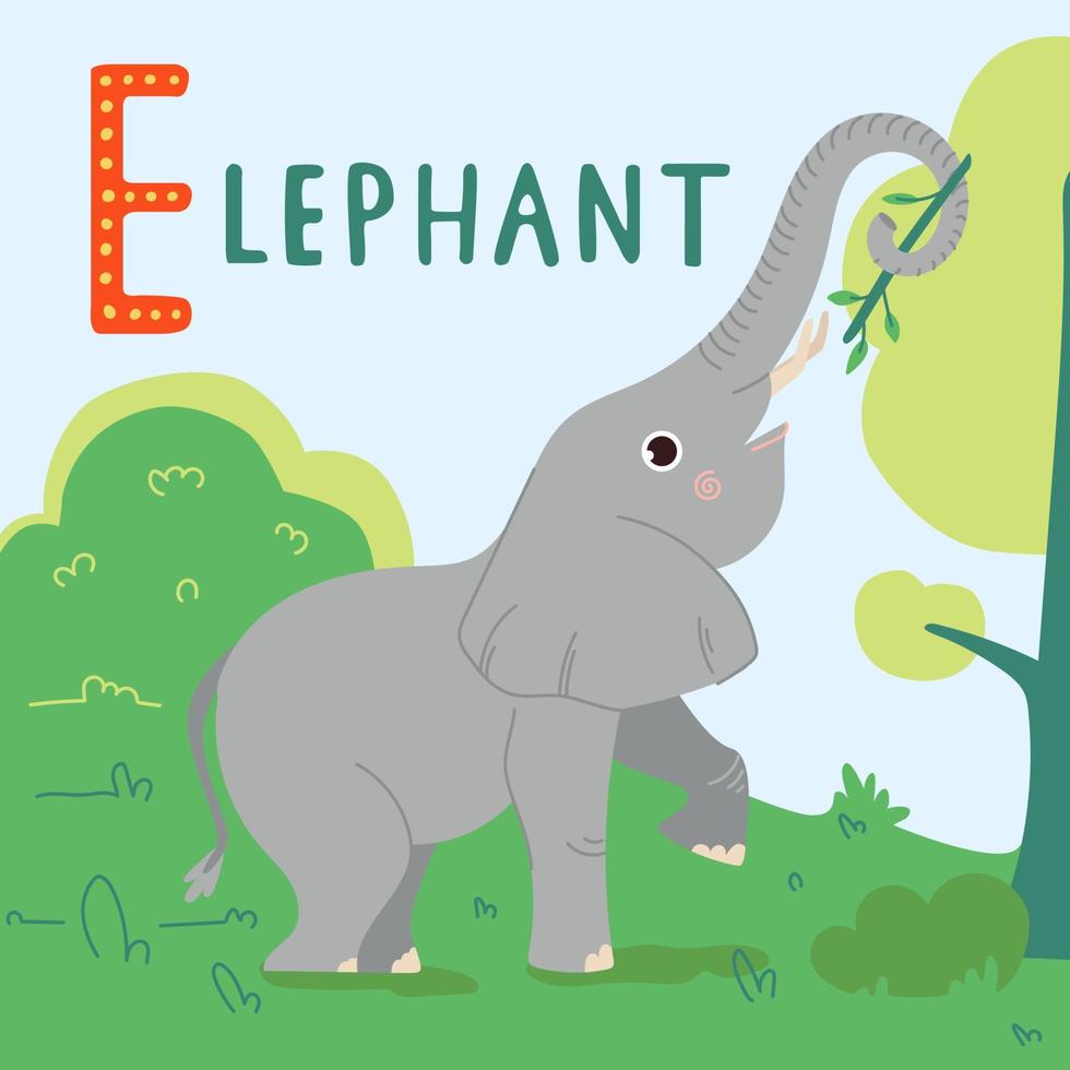 linda ilustración de vector plano de elefante. gran mamífero de dibujos animados aislado en la hierba verde