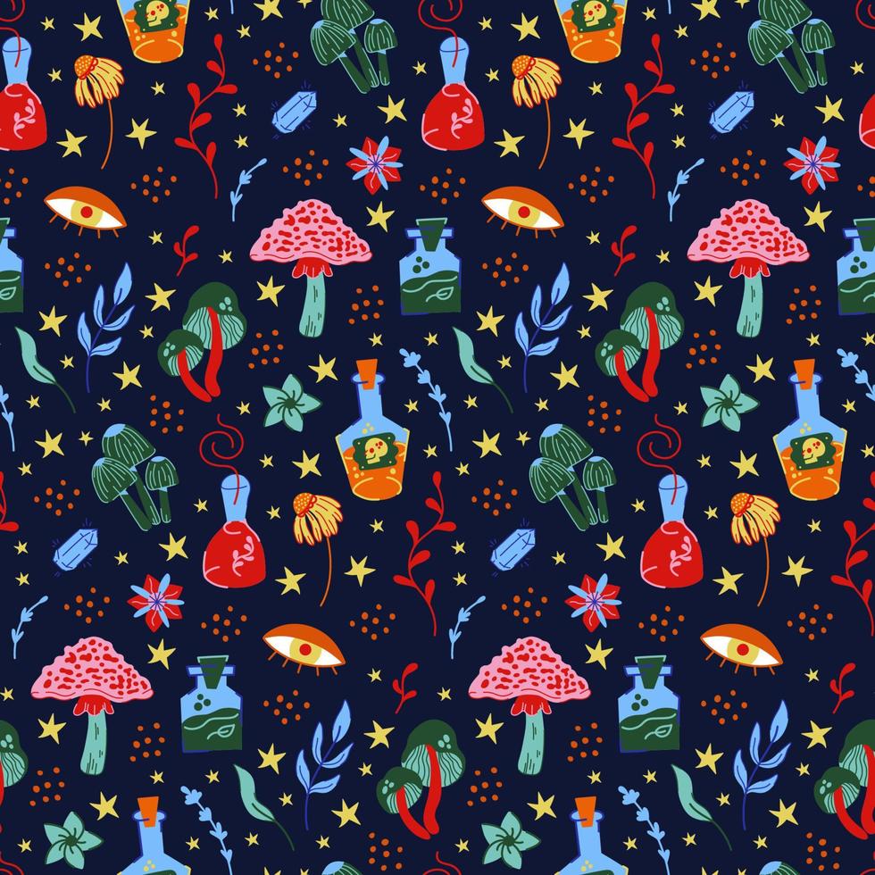 Vector seamless pattern on a magical theme with mushrooms, herbs and witch spells. Halloween background