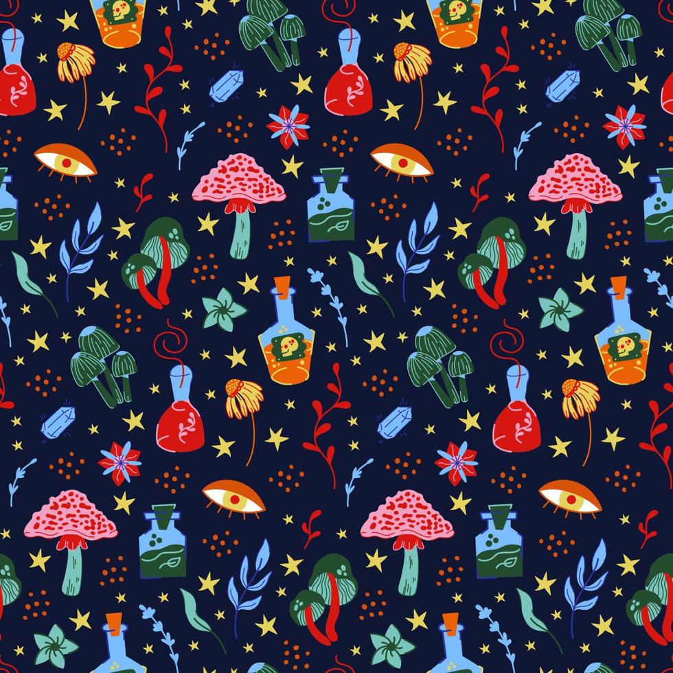 Vector seamless pattern on a magical theme with mushrooms, herbs and witch spells. Halloween background