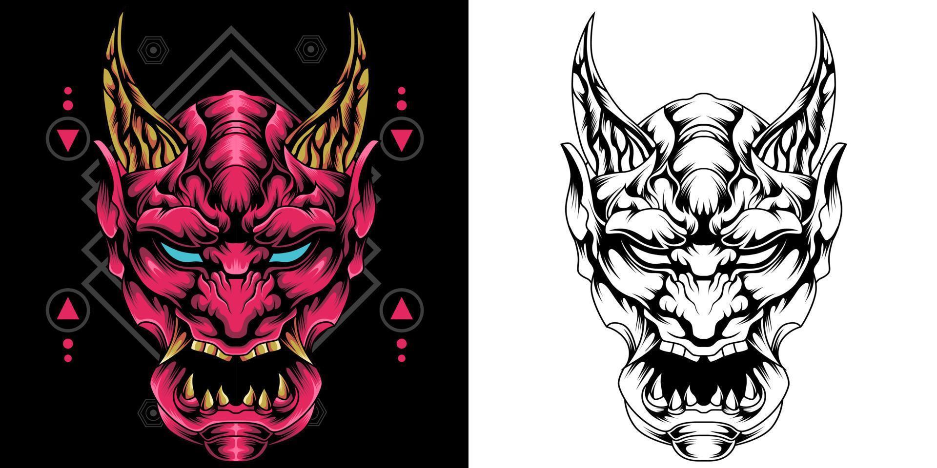 oni mask illustration with sacred geometry pattern vector