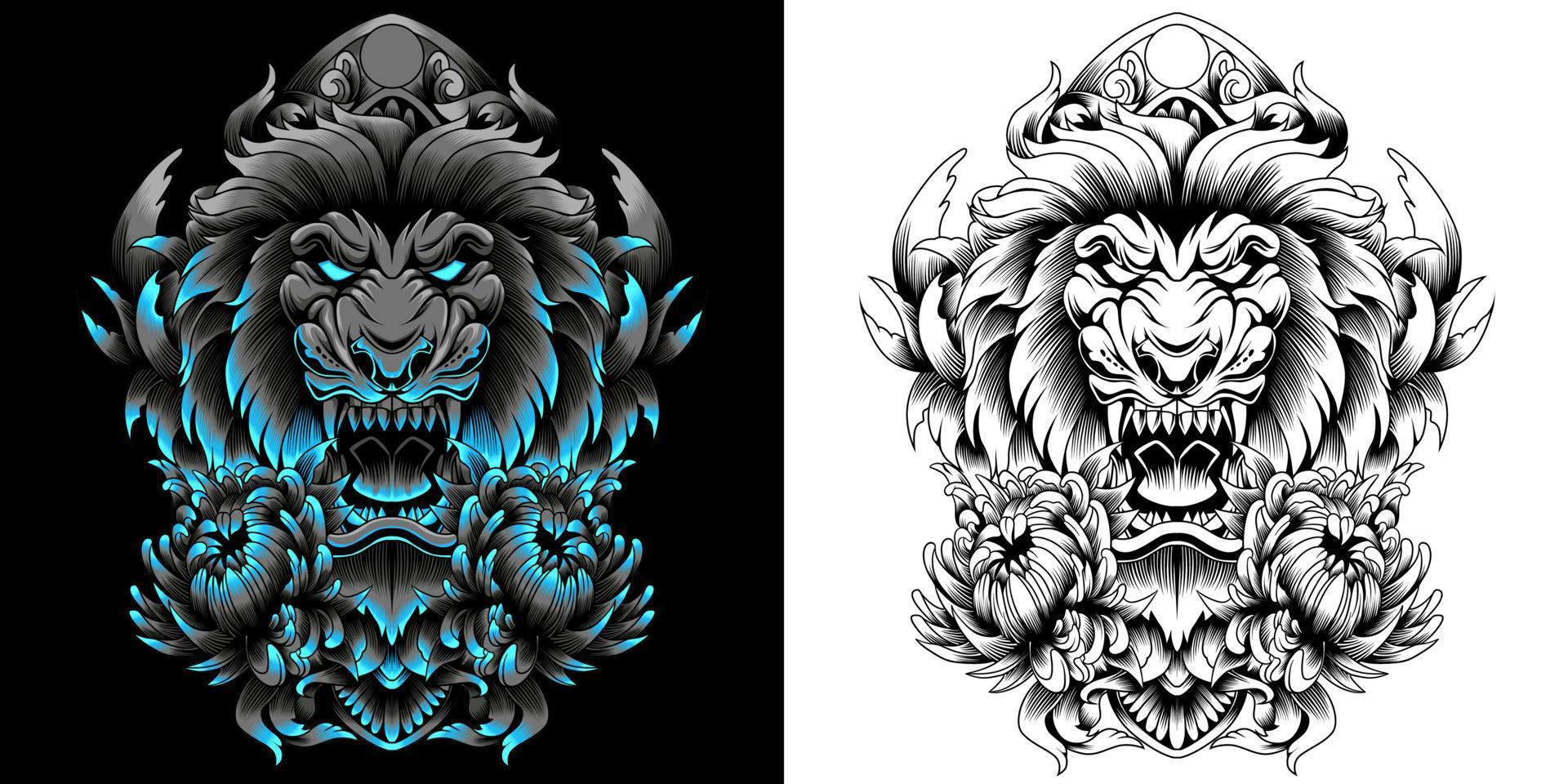 lion head with flower and ornament around vector