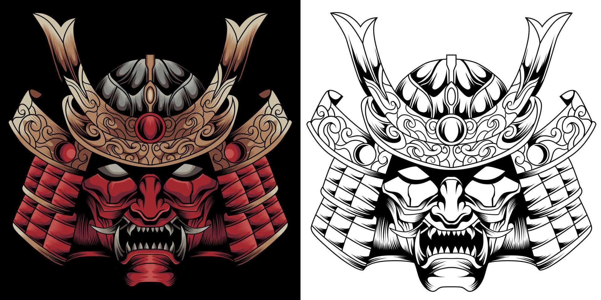 Samurai warrior mask. Traditional armor of japanese warrior. Vector illustration, shirt graphic.