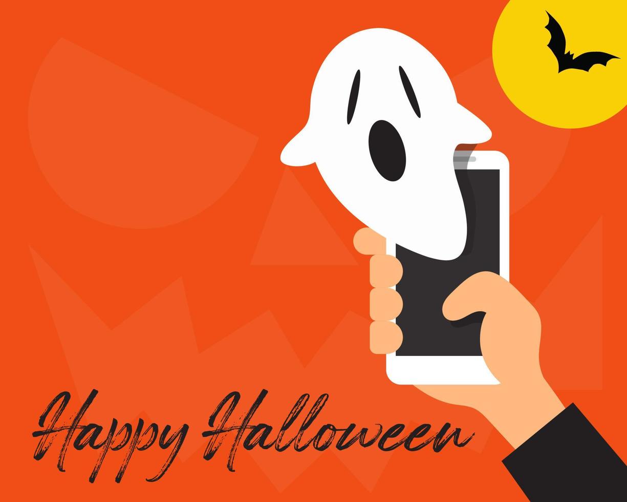 feliz concepto de halloween. hay un fantasma blanco del teléfono móvil con un fondo de calabaza naranja. estilo de vector de dibujos animados para su diseño.