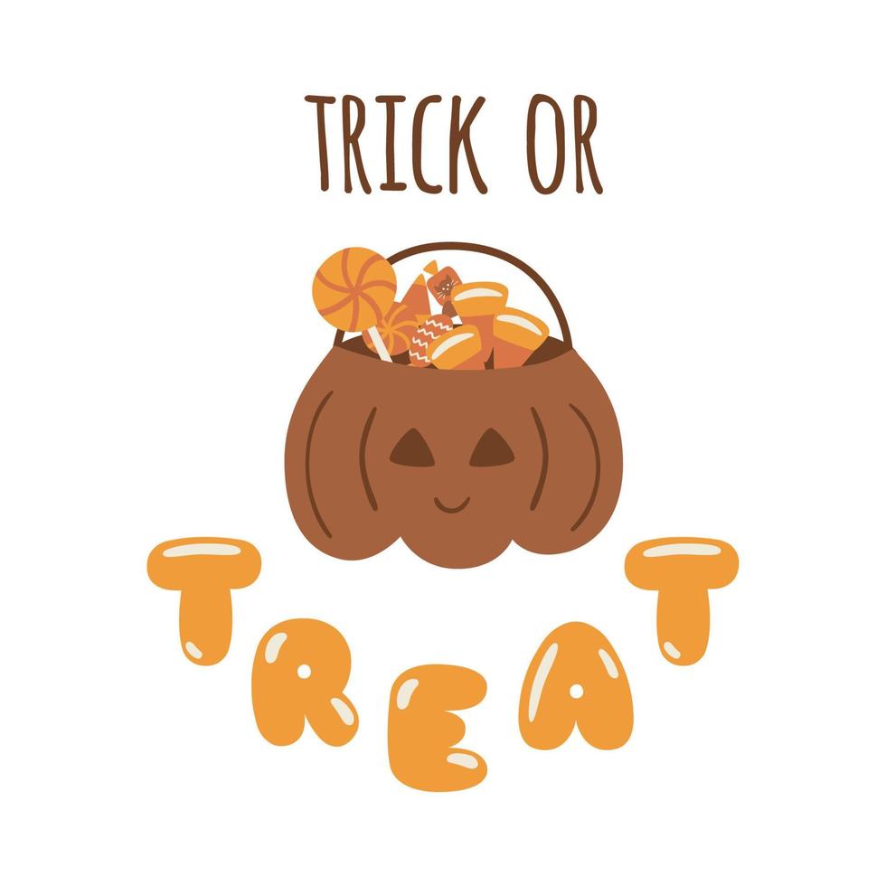 bolsa de truco o trato con dulces de halloween, caramelos. linda bolsa de calabaza para la fiesta de halloween. divertida ilustración vectorial de boho halloween. sabrosos dulces niños cubo de linterna, contenedor de calabazas malvadas vector