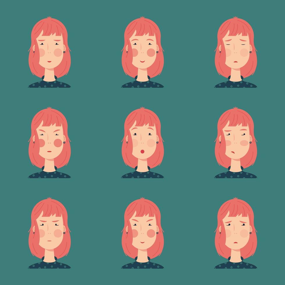 Avatars for social networks for one beautiful red-haired young woman. Nine different emotions for the daily change of avatars in mood. vector