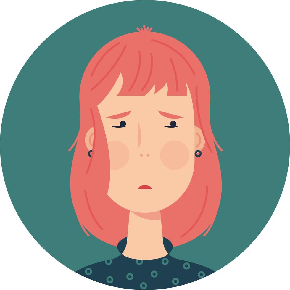 lindo avatar para una mujer joven de cabello jengibre triste o resentimiento. ilustración vectorial en color pastel. vector