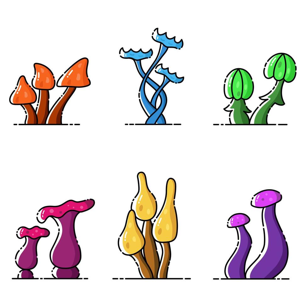 Set of different shapes colour magic mushrooms on white background. vector
