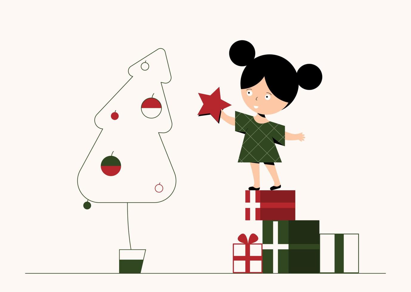 Girl painted in a trendy color decorating Christmas tree. vector