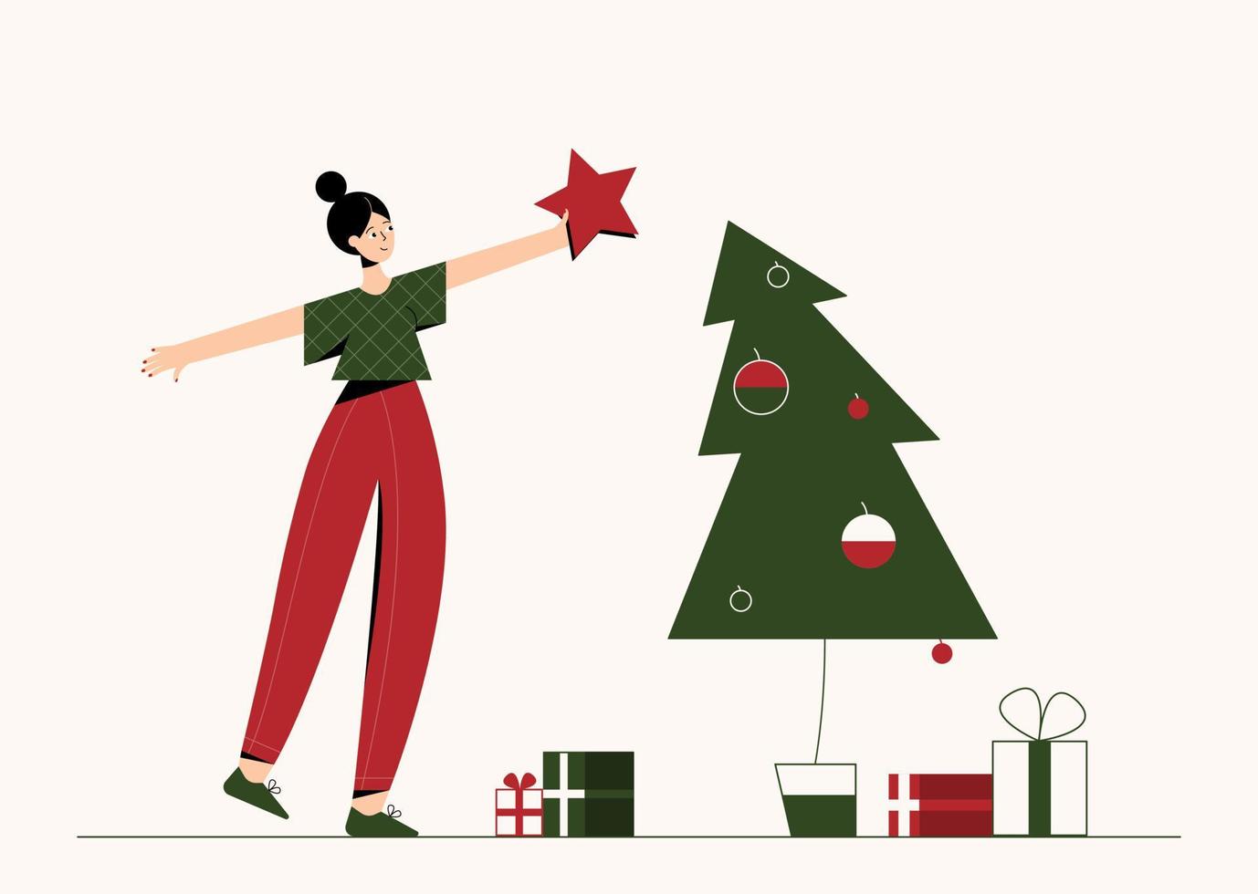 Young woman painted in a trendy color decorating Christmas tree. vector