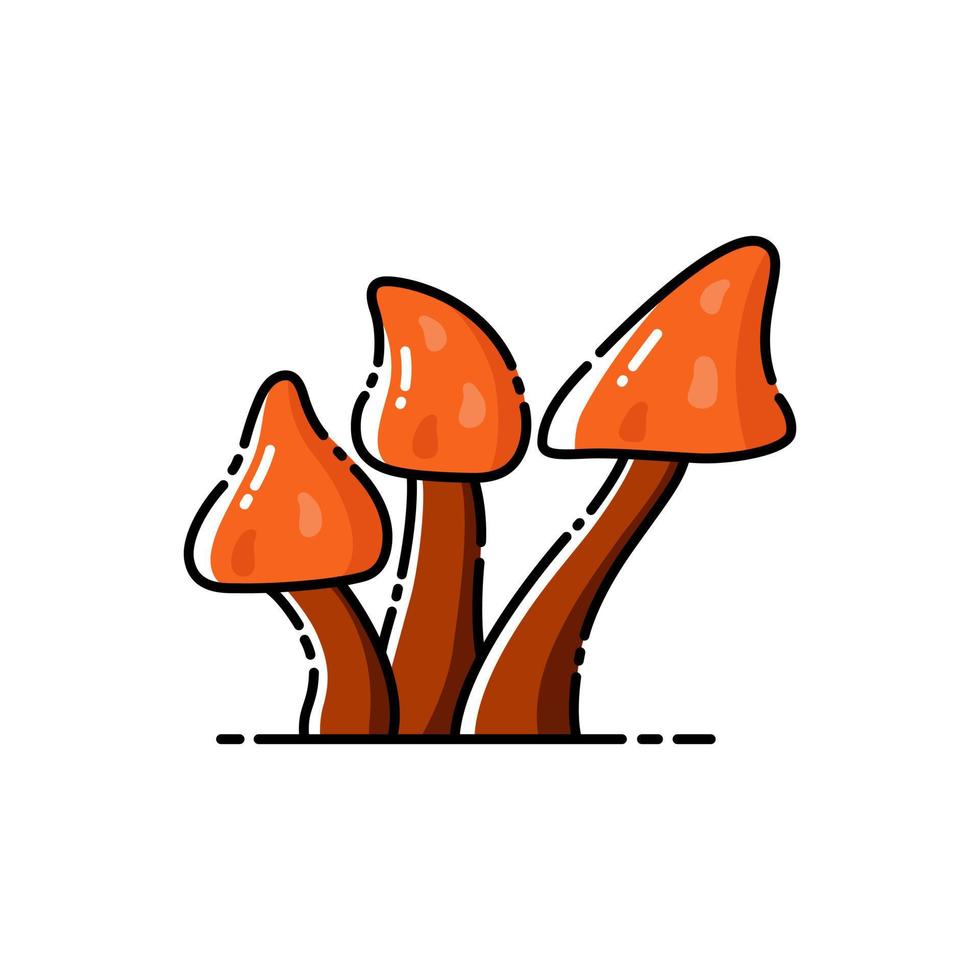 Group of orange mystical poisonous mushrooms on white isolated background. vector