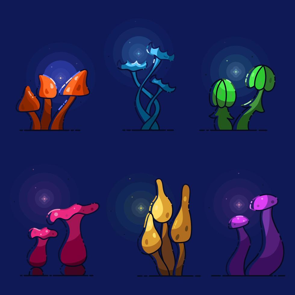 Cartoon colour fantasy mushrooms set om dark blue background. Six different kit of bright plants. vector