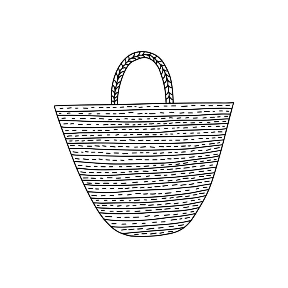 Doodle beach bag vector illustration. Hand drawn woven bag doodle clip