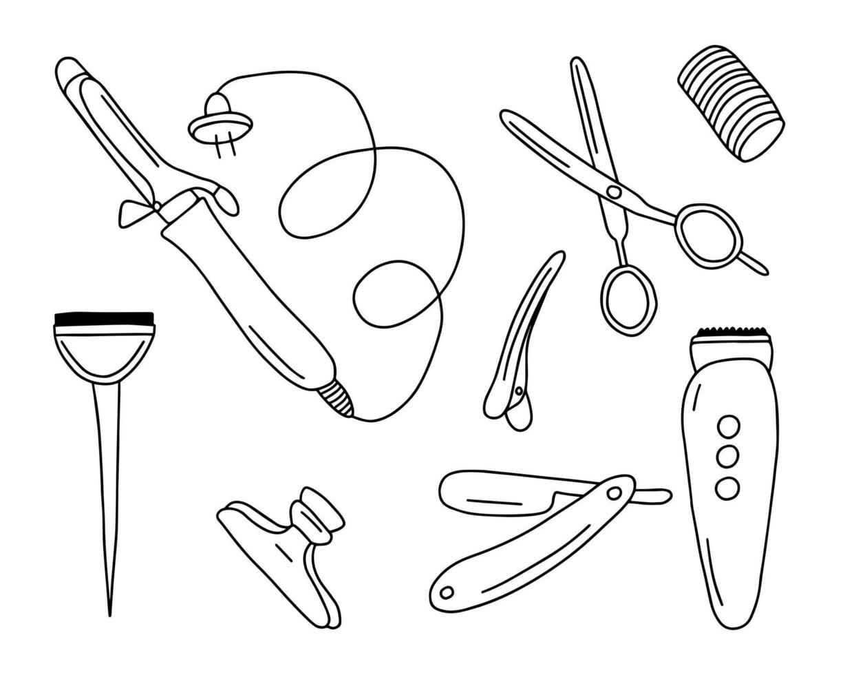 Doodle set of different hairdressing supplies. Vector kinds of quipment for beauty salon. Hairdressing equipment and accessories.