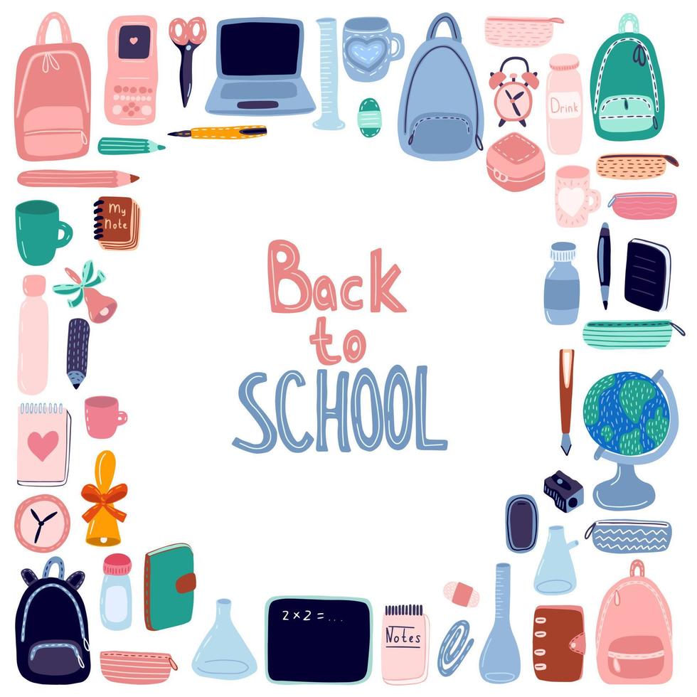 School supplies vector doodle colored set. Back to school vector equipment set.