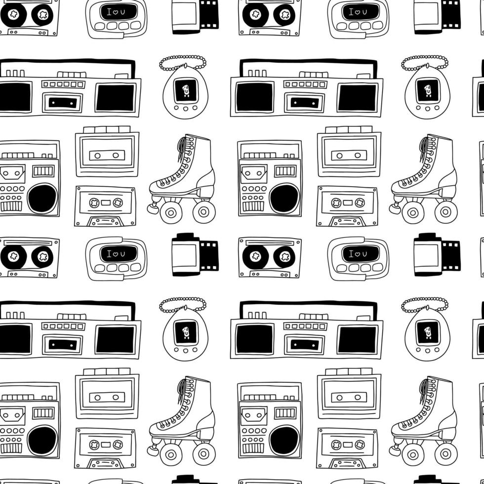 90's party vector seamless pattern. Doodle cassette player, boombox, roller skate, cassette, pager isolated on white background.