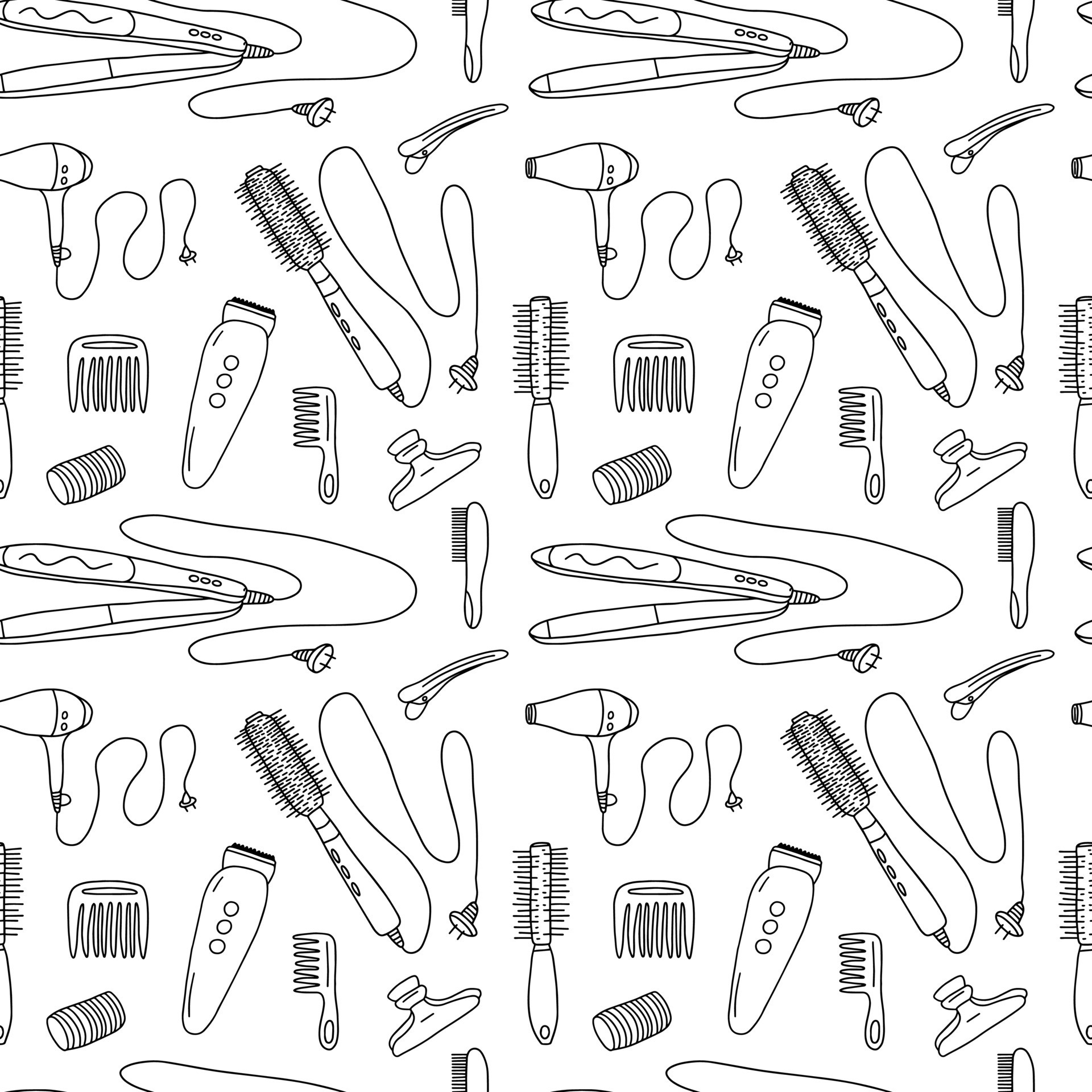 Doodle hair salon seamless pattern isolated on white background. Hand drawn vector