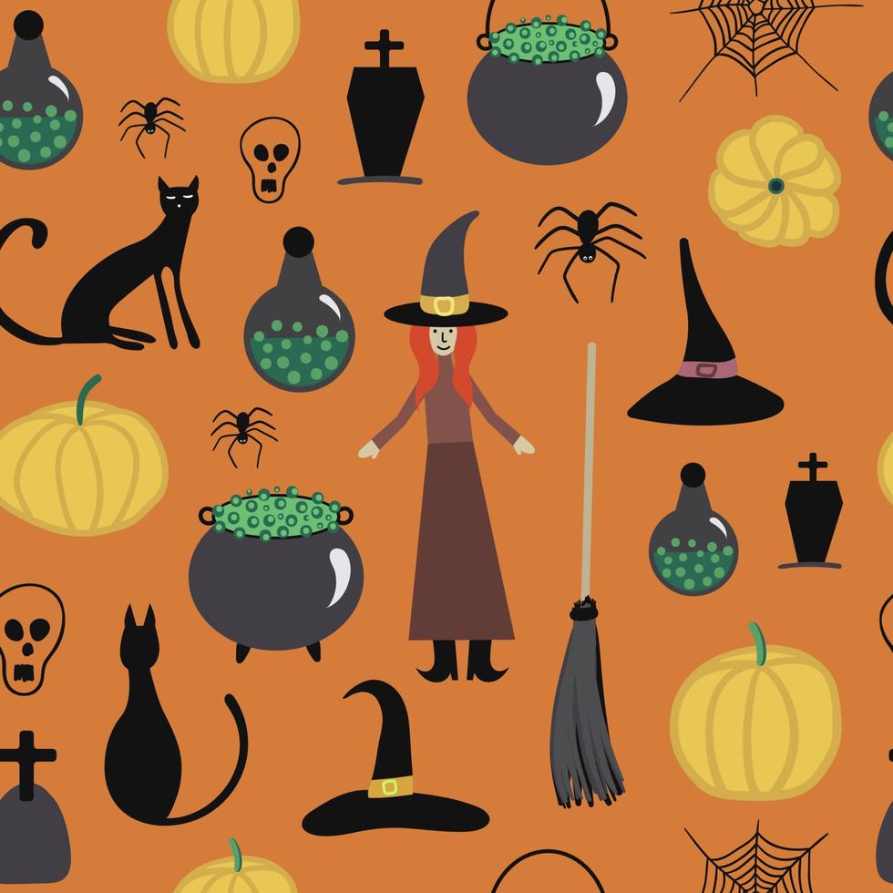 Vector Halloween seamless pattern. Witch, pot with green potion, cat, skull, spider, spider's web, pumpkin. Design for Halloween decor, textile, wrapping paper, wallpapers, sticker, greeting cards.