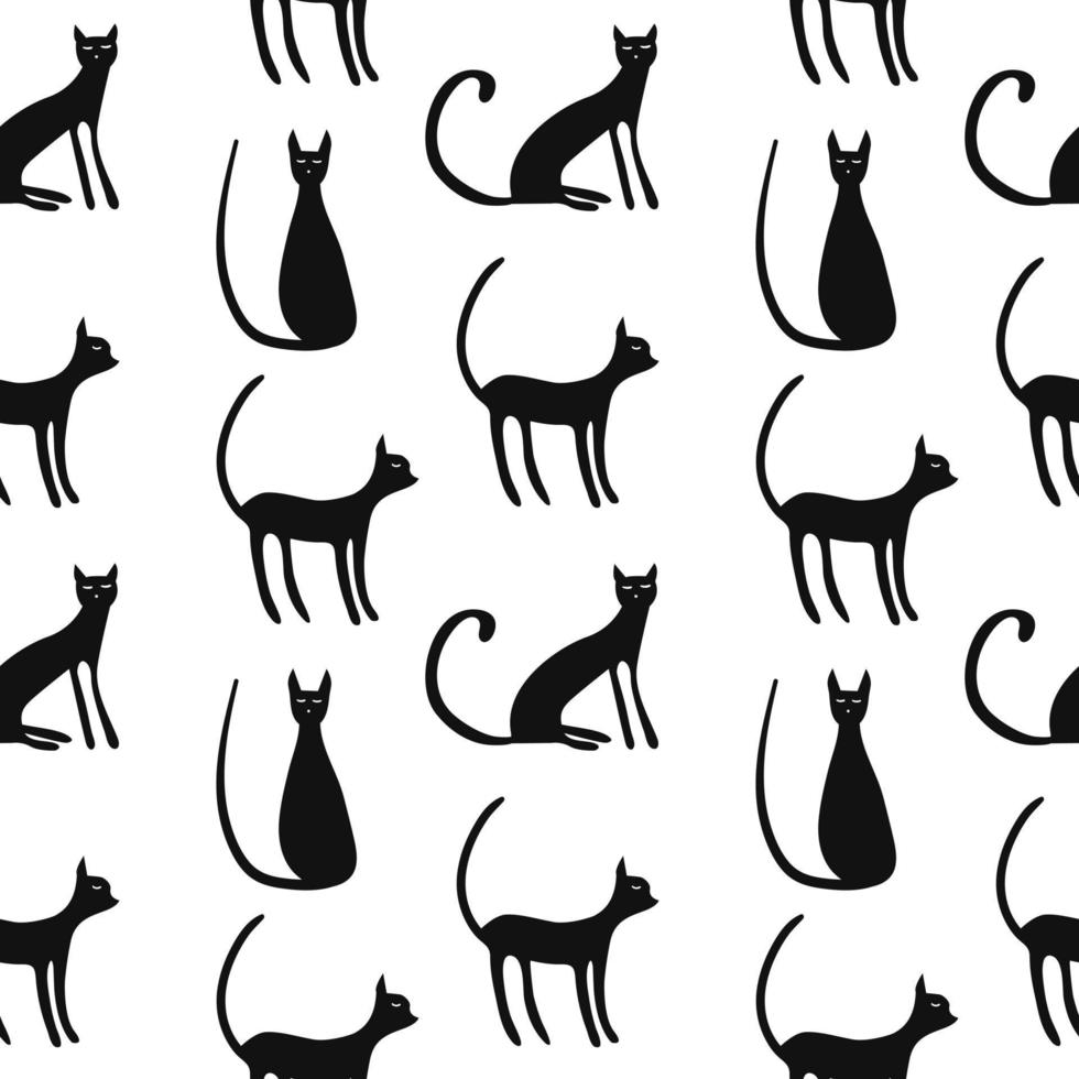 Black cat vector seamless pattern. Halloween decor, wrapping paper, textile. Cats isolated on white background.