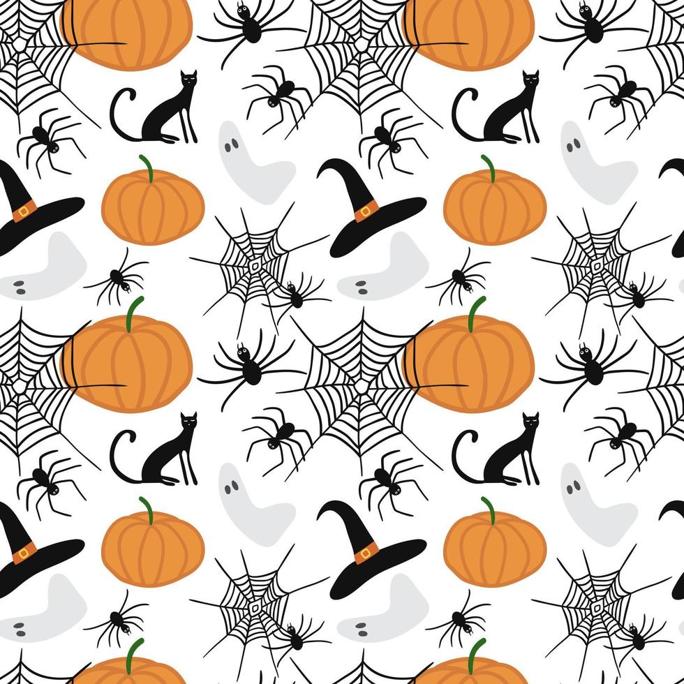 vector de patrones sin fisuras de halloween. calabaza, sombrero, gato, telaraña, fantasma. diseño para decoración de Halloween, textil, papel envolvente, papel pintado, pegatinas, tarjetas de felicitación.