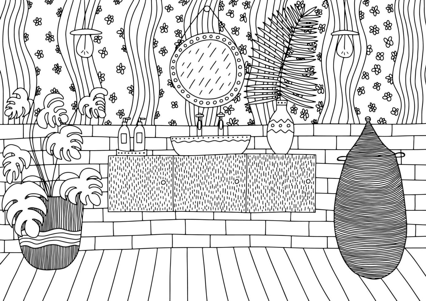 Bathroom interior design coloring page. Cozy bathroom with sink and mirror coloring page vector