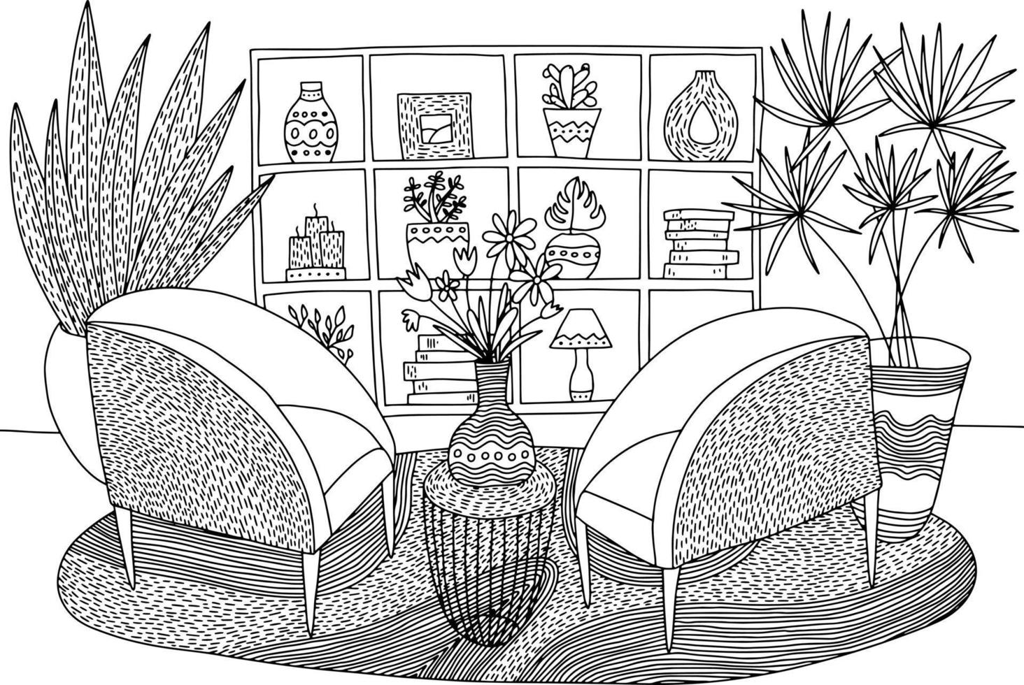 Living room interior coloring page. Cozy vector interior design living