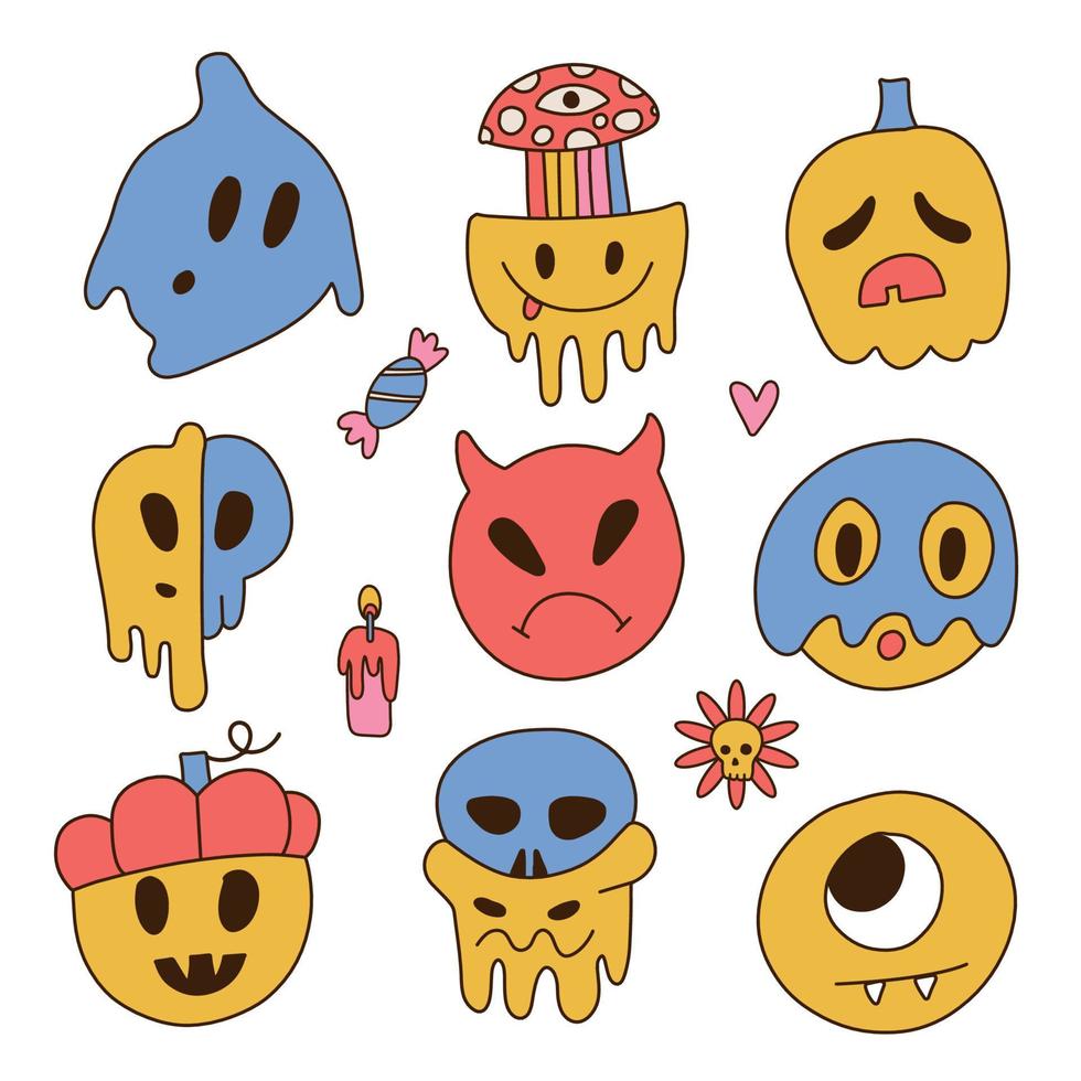 Set of melted smile emoji of Halloween spooky characters for t-shirt, sticker. Groovy funny faces of monsters. Hippie design elements. Vector contour illustration