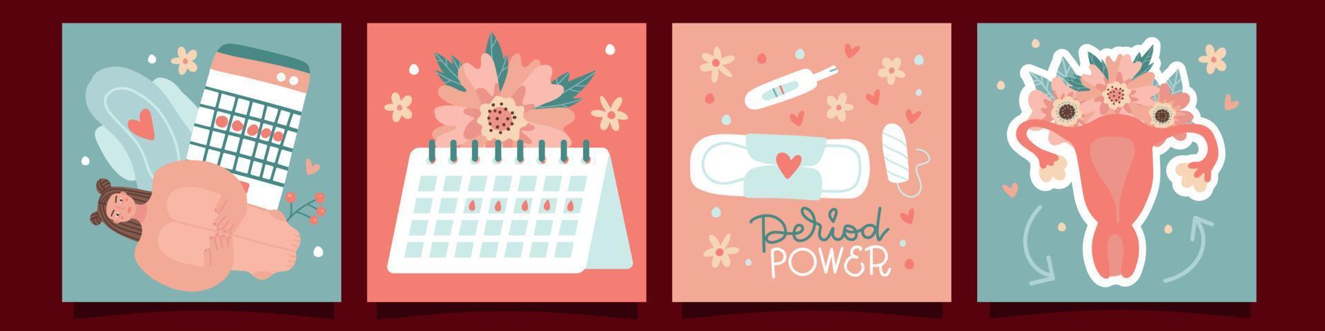 Set of cards for femete periods concept. Women struggle from strong abdominal pain during periods, heavy periods. Menstrual period, menstruation, PMS, ovaries, reproductive system. Hand drawn vector. vector