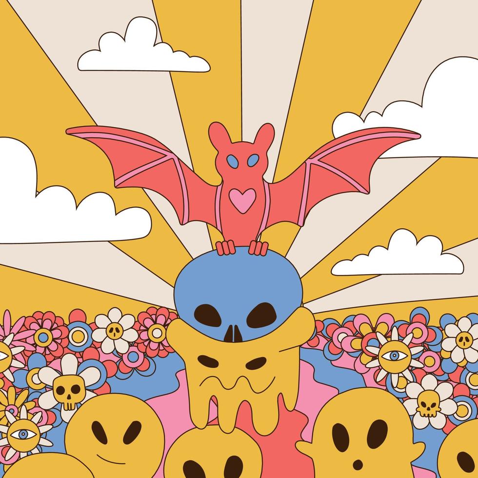 una ilustración cómica en estilo retro hippie con un murciélago volando emoji. valle floreciente con rayos de sol y nubes. ilustración vectorial dibujada a mano. vector