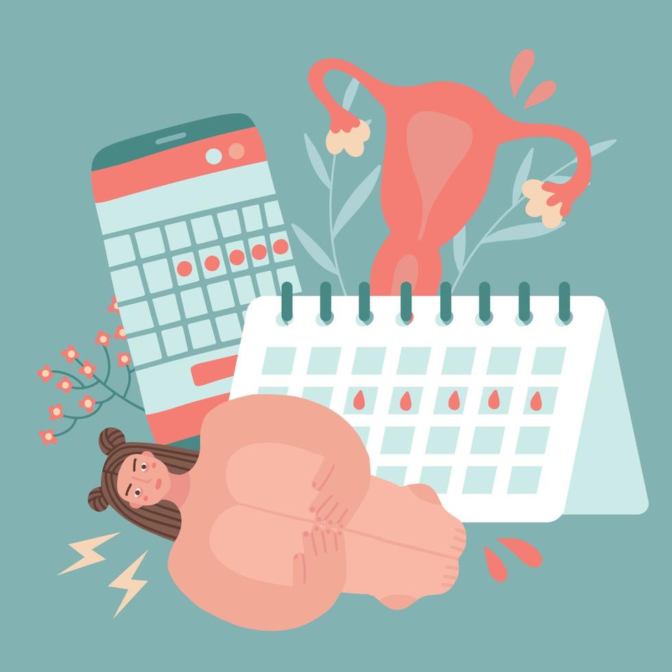 Unwell girl suffering from stomachache, abdominal pain during periods. Female period problems. Woman painful having menstruation on background of big calendar. Flat vector illustration.