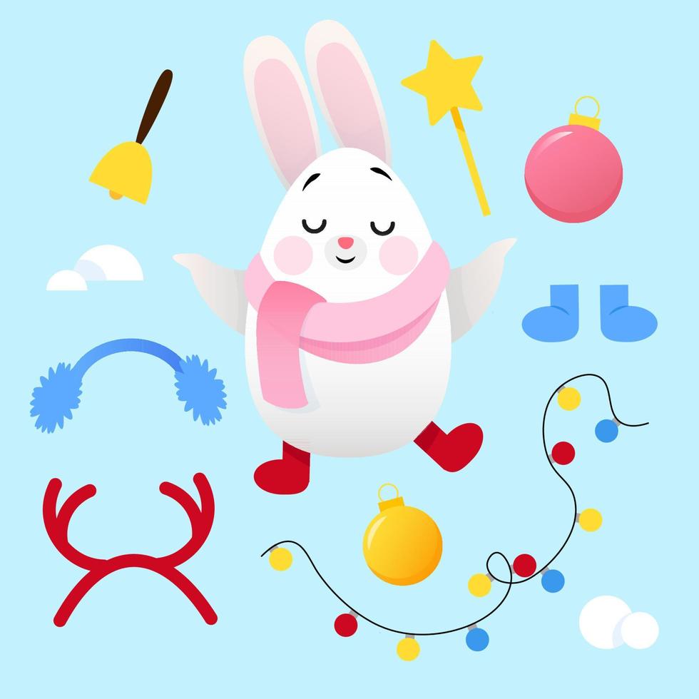 Cute white bunny with a set of Christmas decorations vector