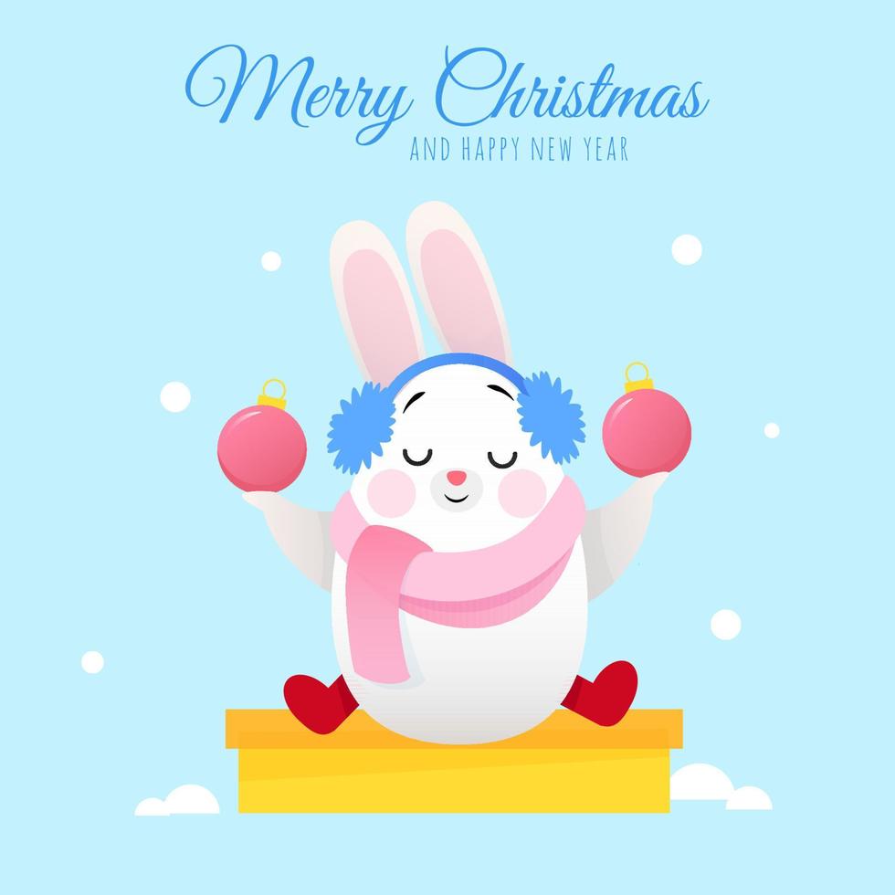 A cute white bunny sits on a box and holds New Year's decorations for the Christmas tree in its paws. vector