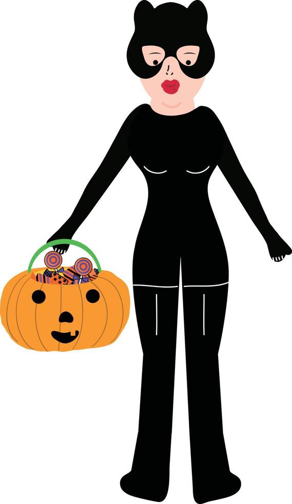 Halloween holiday cartoon character. Cute kids in costumes of witch, mummy, pirate, skeleton and black cat. Ghosts and ghost pumpkins. Vector hand drawing