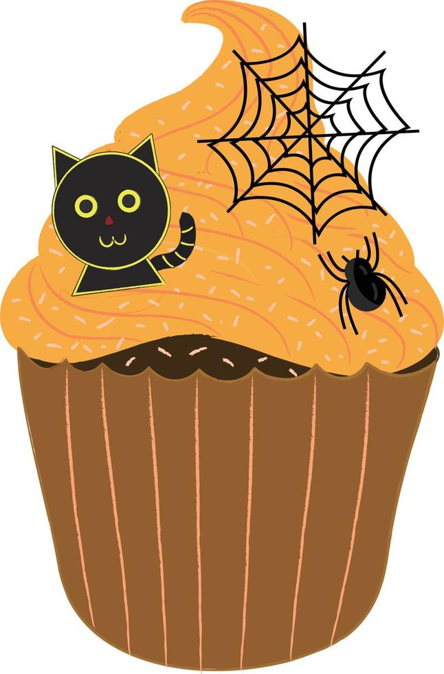 Halloween cupcakes. Cute kids in pumpkin, cat, vampire, witch hat, bat, skeleton and black cat costumes. vector