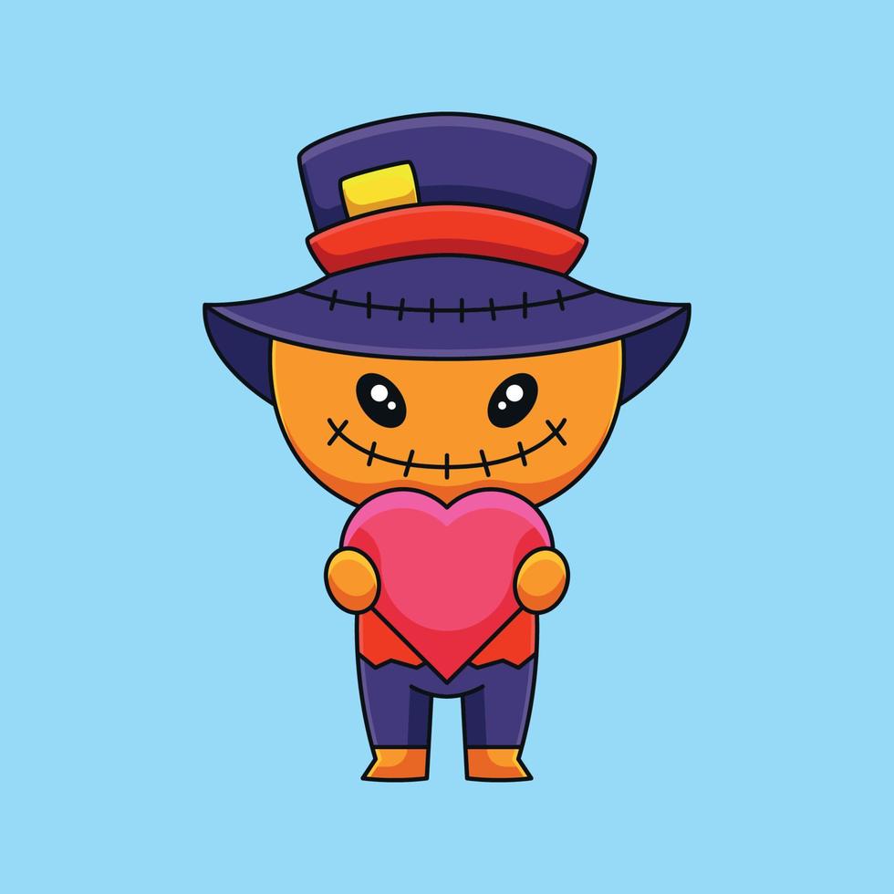 lindo espantapájaros halloween sosteniendo amor hogar dibujos animados garabato arte dibujado a mano concepto vector kawaii icono ilustración